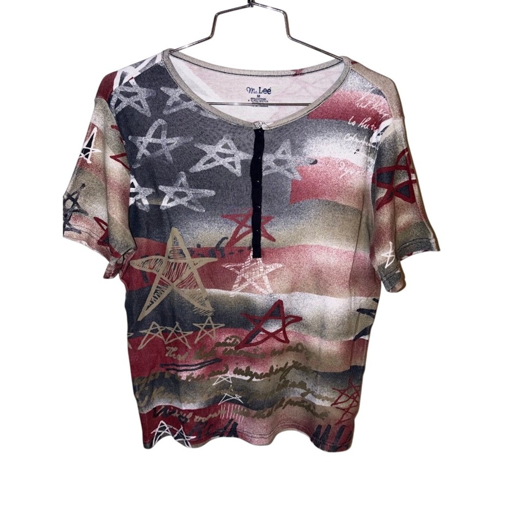 Ms. Lee Womens Medium Americana Stars Stripes Henley Short Sleeve Ribbed Top